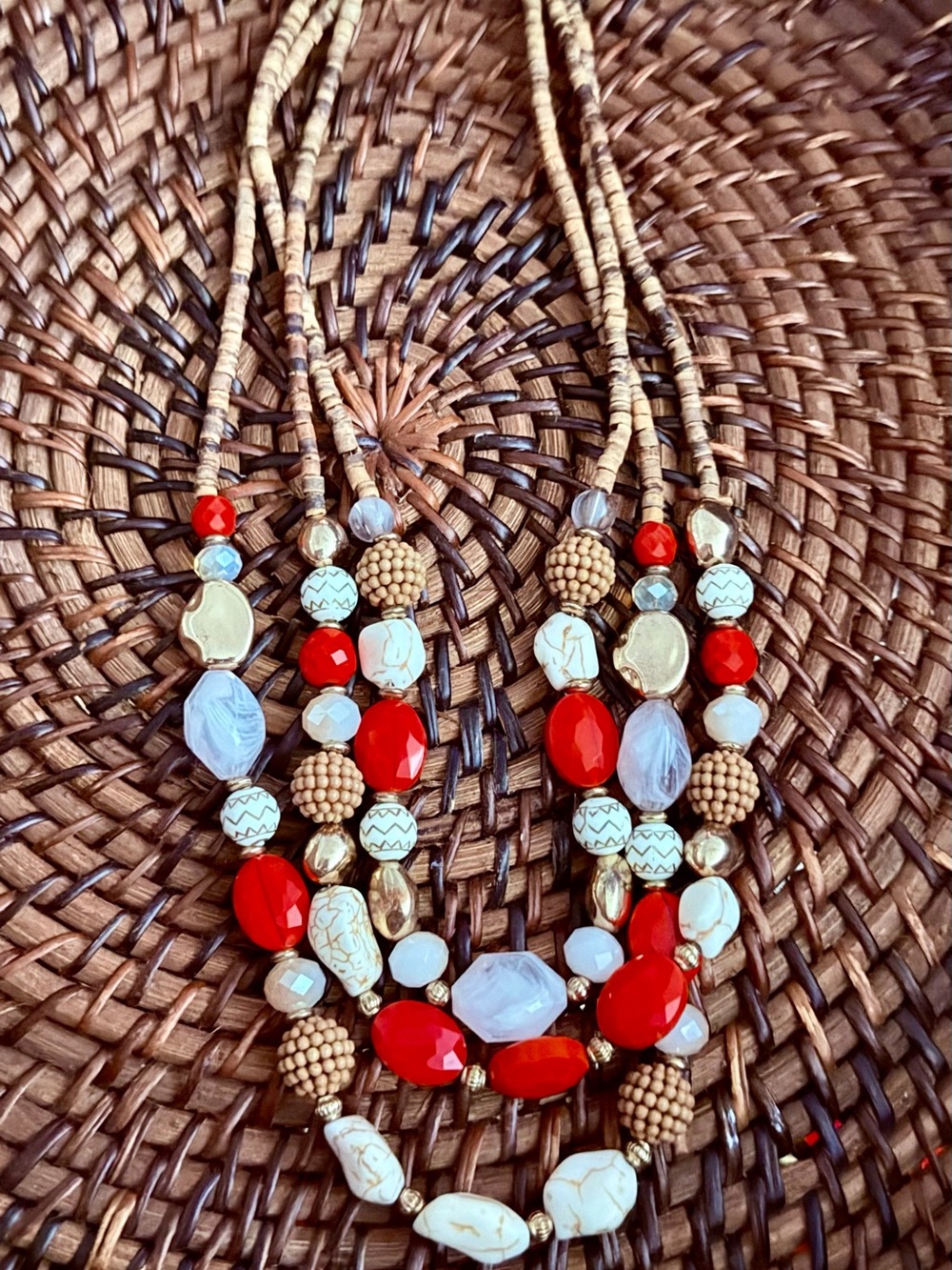 Source Unknown Red, Gold & Cream Multi-Strand Beaded Necklace